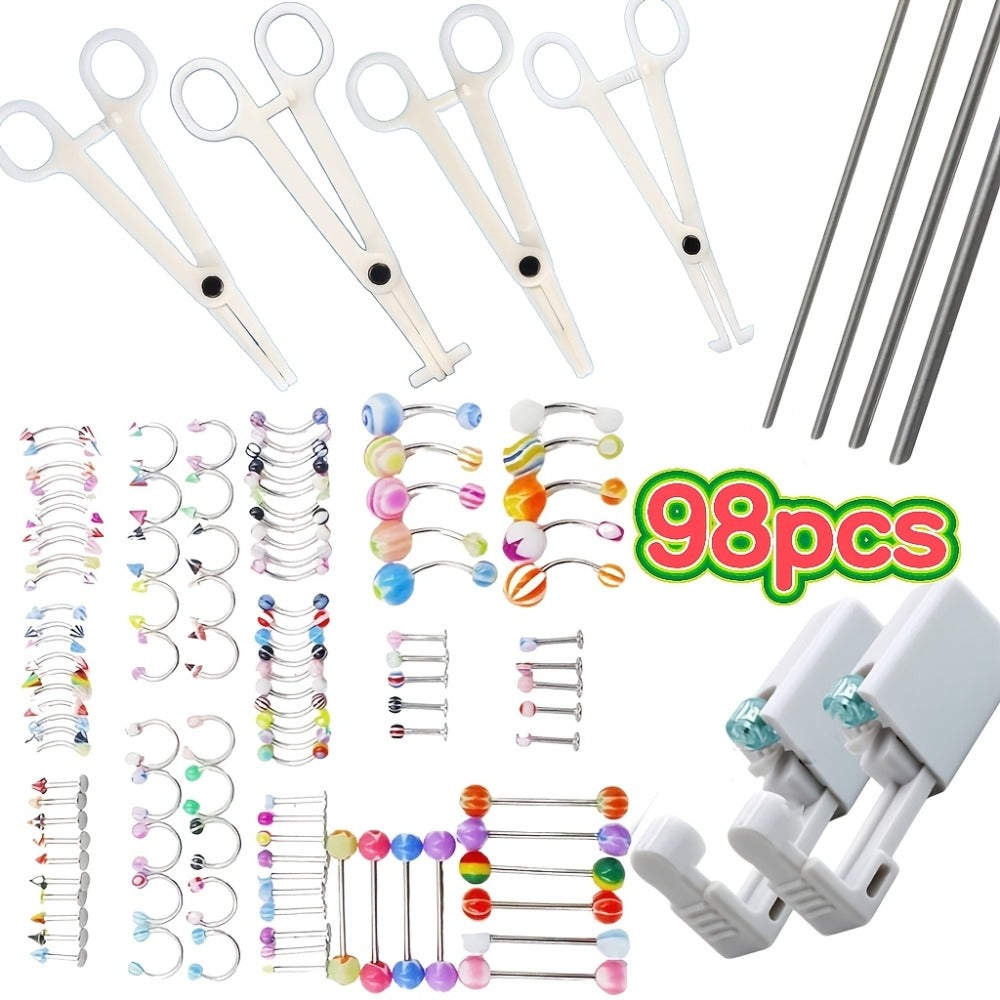 Body Piercing Kit 98pcs Stainless Steel - Bulk Piercing Set with Clamps, Needles, Lip Rings, Tongue Barbells, Eyebrow Jewelry & Glitter Tongue Set, Professional Body Jewelry Piercing Supplies