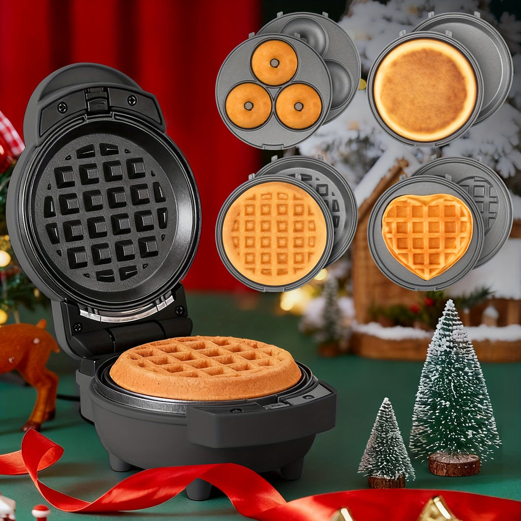 Mini Waffle Maker 4-in-1 with Removable Plates ¨C Waffle, Pancake, Donut & Heart Shape, Non-Stick, Easy Clean, Recipe Included, Compact Breakfast Maker for Home