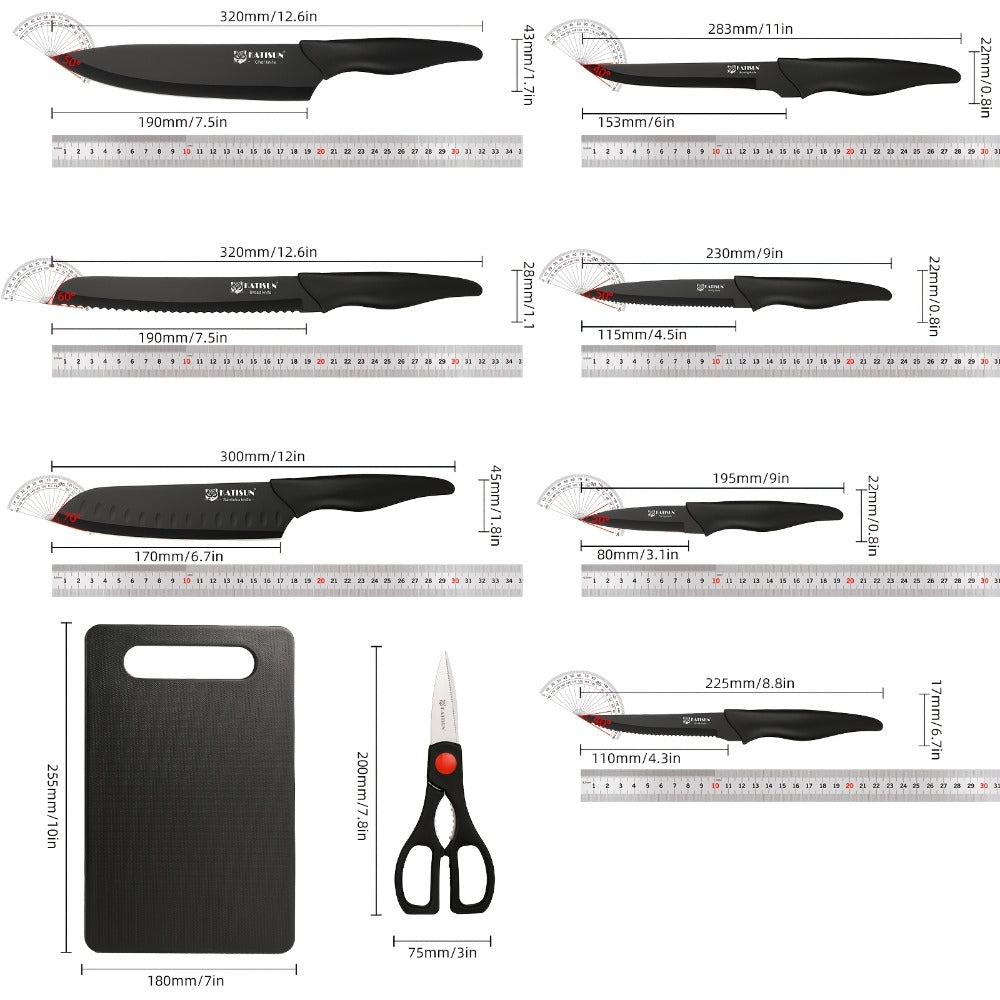 Kitchen Knife Set 15 Piece Professional Chef Knife Set with Wooden Block Non-Slip ABS Handle Cutting Board Kitchen Shears Black Coded Knives for Home Restaurant