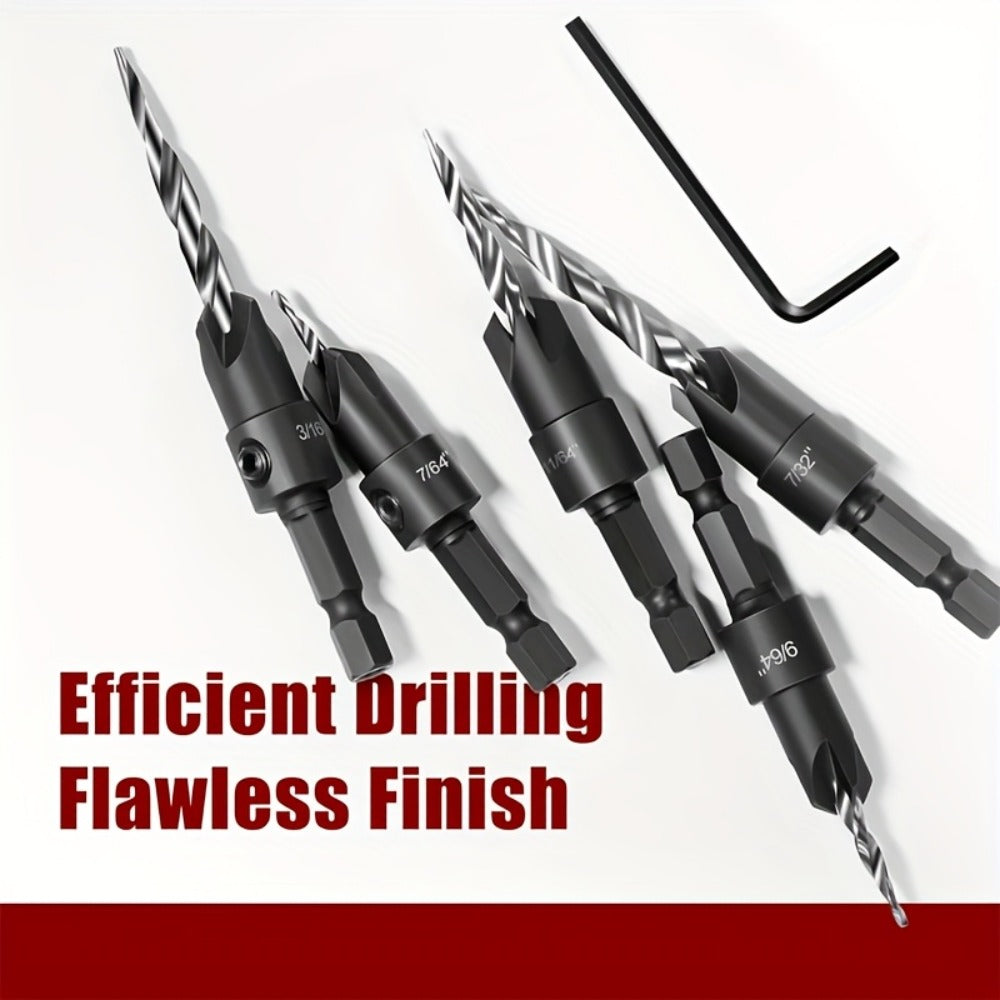 5pcs Countersink Drill Bit Set #4 #6 #8 #10 #12 Tapered with 1/4¡± Hex Shank Quick-Change ¨C Adjustable Wood Counter Sinker Bits with Allen Wrench for Woodworking