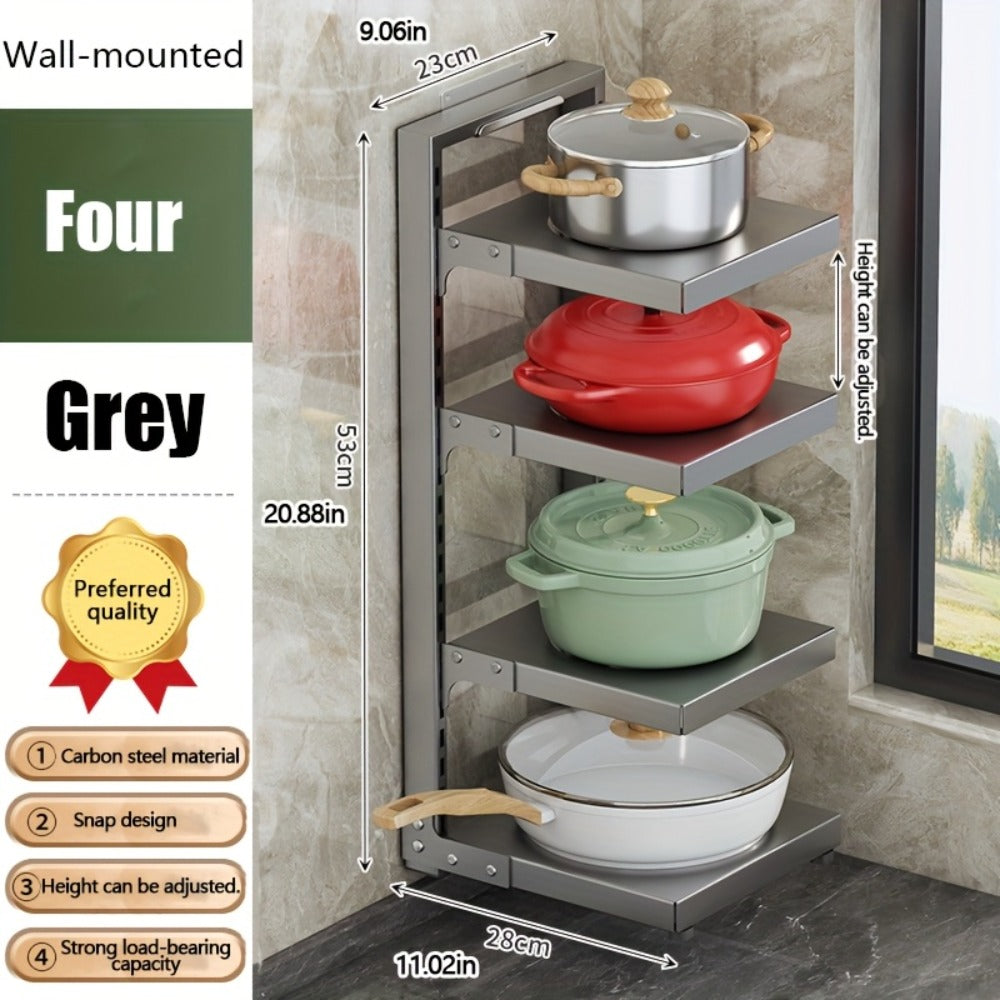 Kitchen Storage Rack Multi-Tier Adjustable - Drain Organizer for Pots Pans and Cutlery with Paint Finish, Floor Standing or Wall Mountable Pot Rack for Kitchen Counter and Cabinet, Available in 2 to 7 Tiers in Black White and Grey