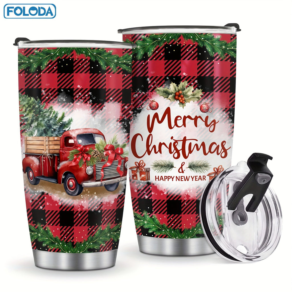 Christmas Tumbler 20oz Stainless Steel Insulated Travel Mug with Lid & Straw Holiday Xmas Patterns Red Truck Snowman Santa Gift for Men Women Friends Teachers