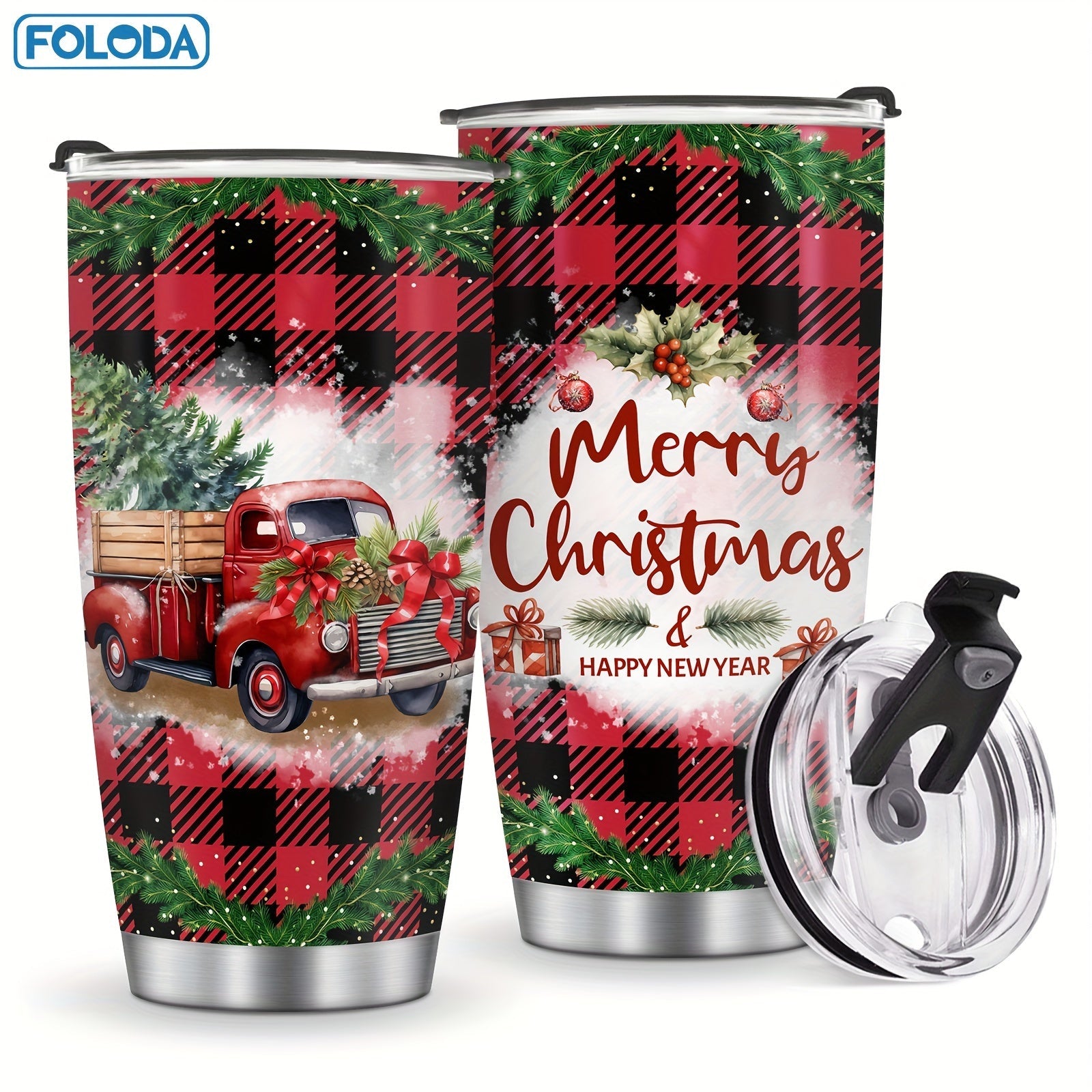 Christmas Tumbler 20oz Stainless Steel Insulated Travel Mug with Lid & Straw Holiday Xmas Patterns Red Truck Snowman Santa Gift for Men Women Friends Teachers