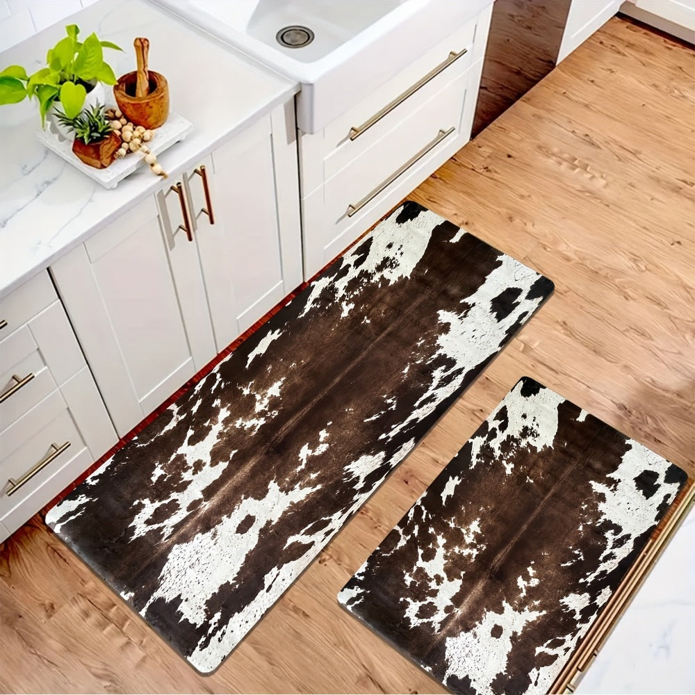 Cowhide Patterned Kitchen Mats Set of 2 ¨C Memory Foam Anti-Fatigue Floor Mats, Non-Slip Animal Print Cushioned Standing Mat for Kitchen Hallway Bathroom Laundry Room