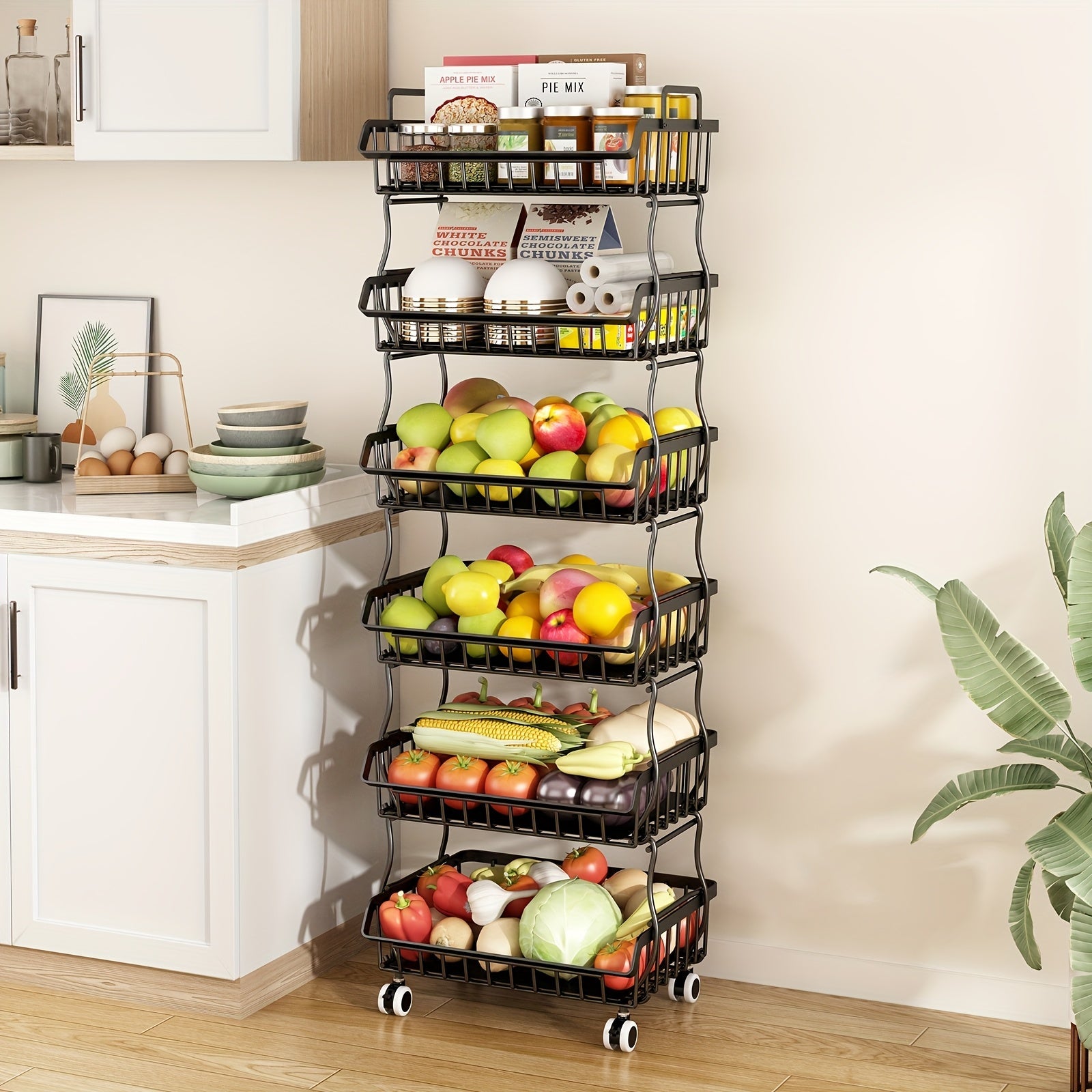 6-Tier Stackable Metal Wire Storage Basket Organizer with Wheels - Rolling Kitchen Pantry Rack for Fruits Vegetables Utensils, Space-Saving Open Shelf