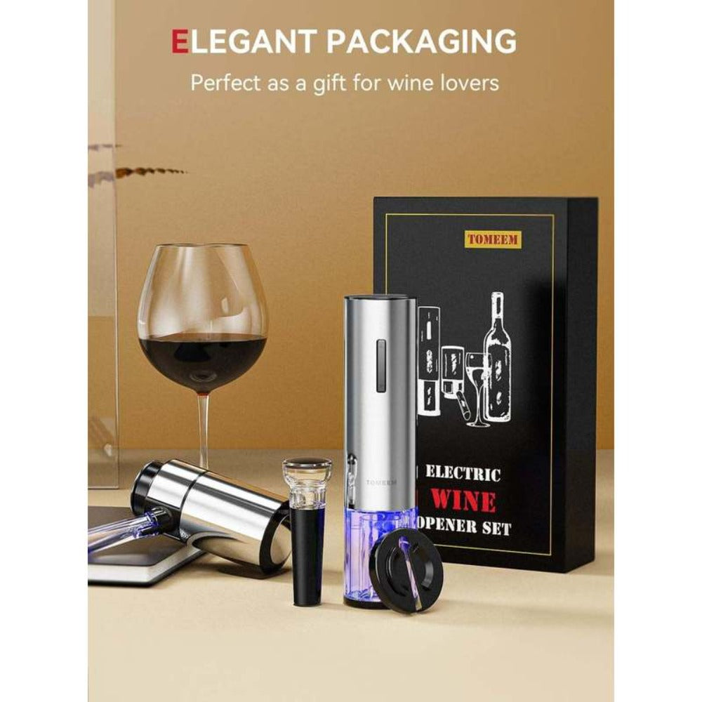 Electric Wine Opener Gift Set Rechargeable, 5-Piece Wine Accessory Kit with Aerator, Vacuum Stoppers, Foil Cutter & Bottle Opener, Stainless Steel, Perfect for Home Bar, Dinner Parties & Gifting