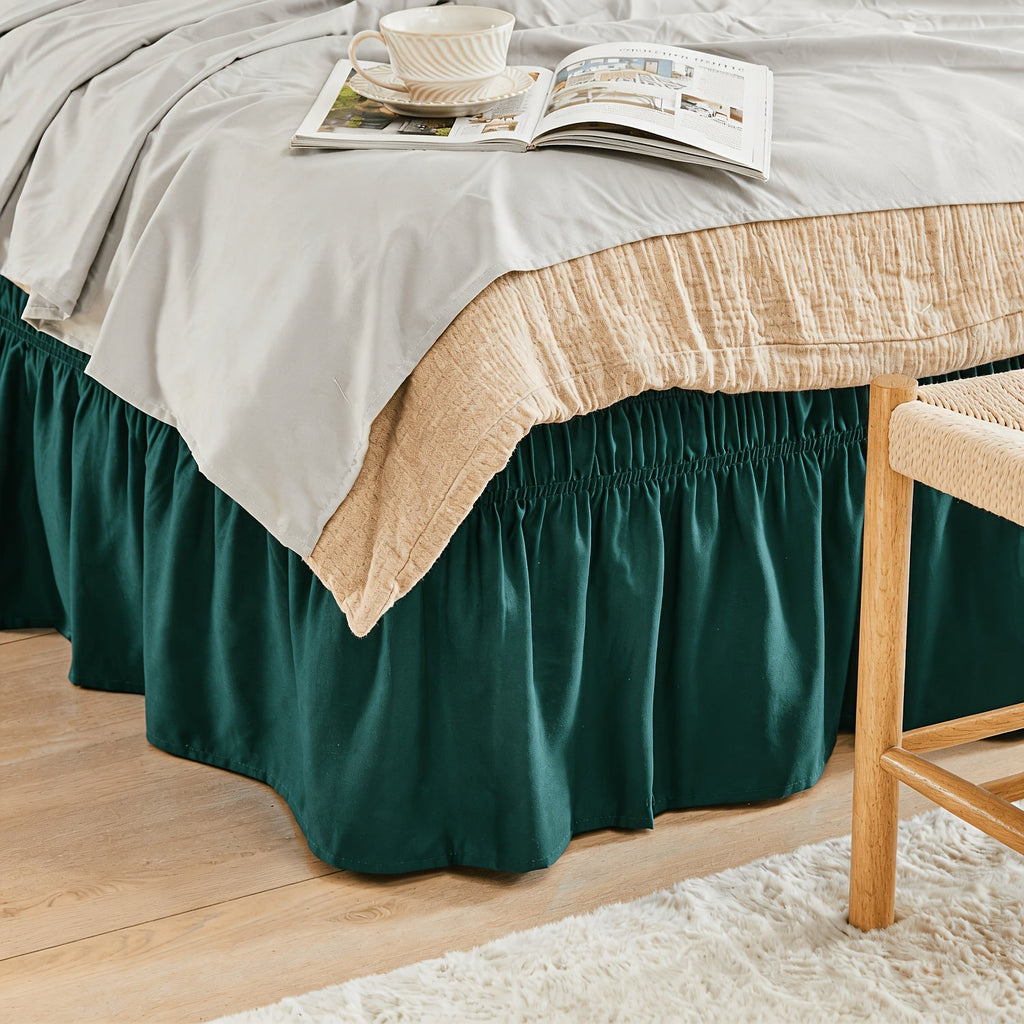 Bed Skirt Elastic Wrap Around Ruffle - 15 Inch Drop Microfiber Dust Ruffle, Adjustable No-Lift Fit, Fade Resistant Machine Washable, Hotel Quality Bedskirt for Twin Full Queen King, 30 Colors
