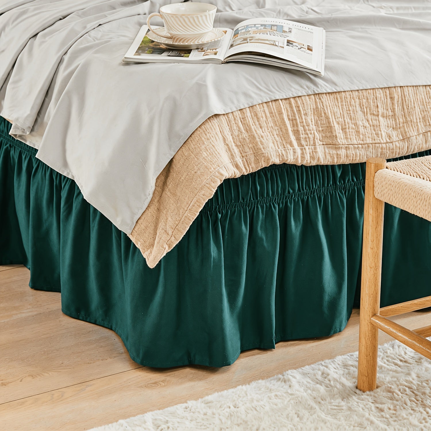Bed Skirt Elastic Wrap Around Ruffle - 15 Inch Drop Microfiber Dust Ruffle, Adjustable No-Lift Fit, Fade Resistant Machine Washable, Hotel Quality Bedskirt for Twin Full Queen King, 30 Colors