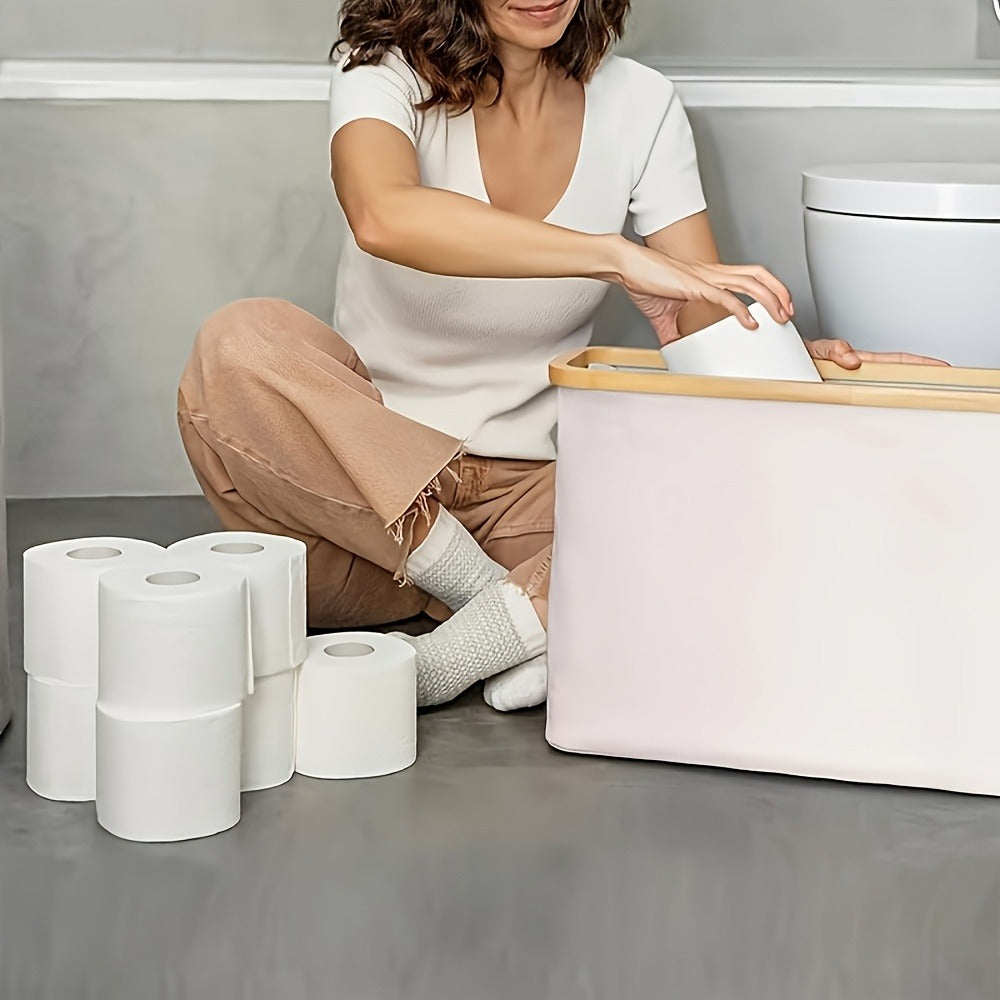 Toilet Paper Storage Basket with Bamboo Lid ¨C Large Capacity Holds 9-12 Rolls | 600D Oxford Cloth Dustproof Bathroom Organizer | Modern Farmhouse Tissue Roll Holder for Bathroom