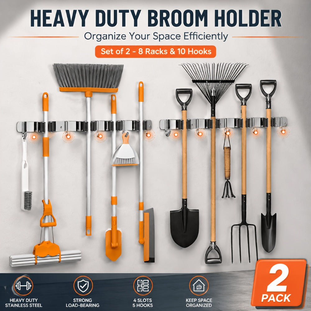Wall Mounted Broom & Mop Holder ¨C 304 Stainless Steel Broom Organizer with 4 Racks & 5 Hooks ¨C Rustproof Non-Slip Wall Broom Hanger for Kitchen, Garage, Bathroom, Laundry & Closet Storage ¨C 2 Pack