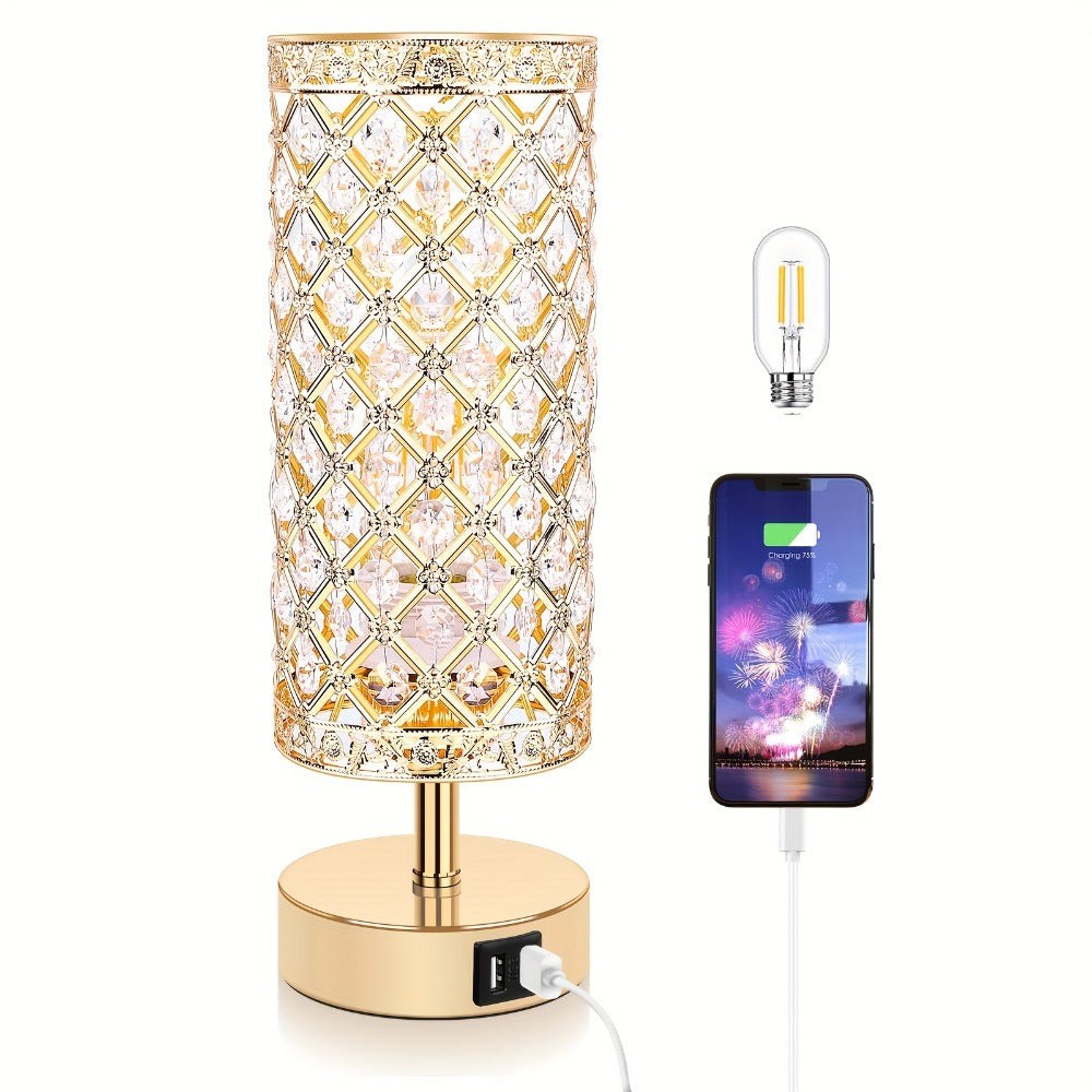 Crystal Bedside Table Lamp with Touch Control & 2 USB Charging Ports, 3-Way Dimmable Nightstand Lamp with Decorative Crystal Base, LED Bulb Included, for Bedroom Living Room Office