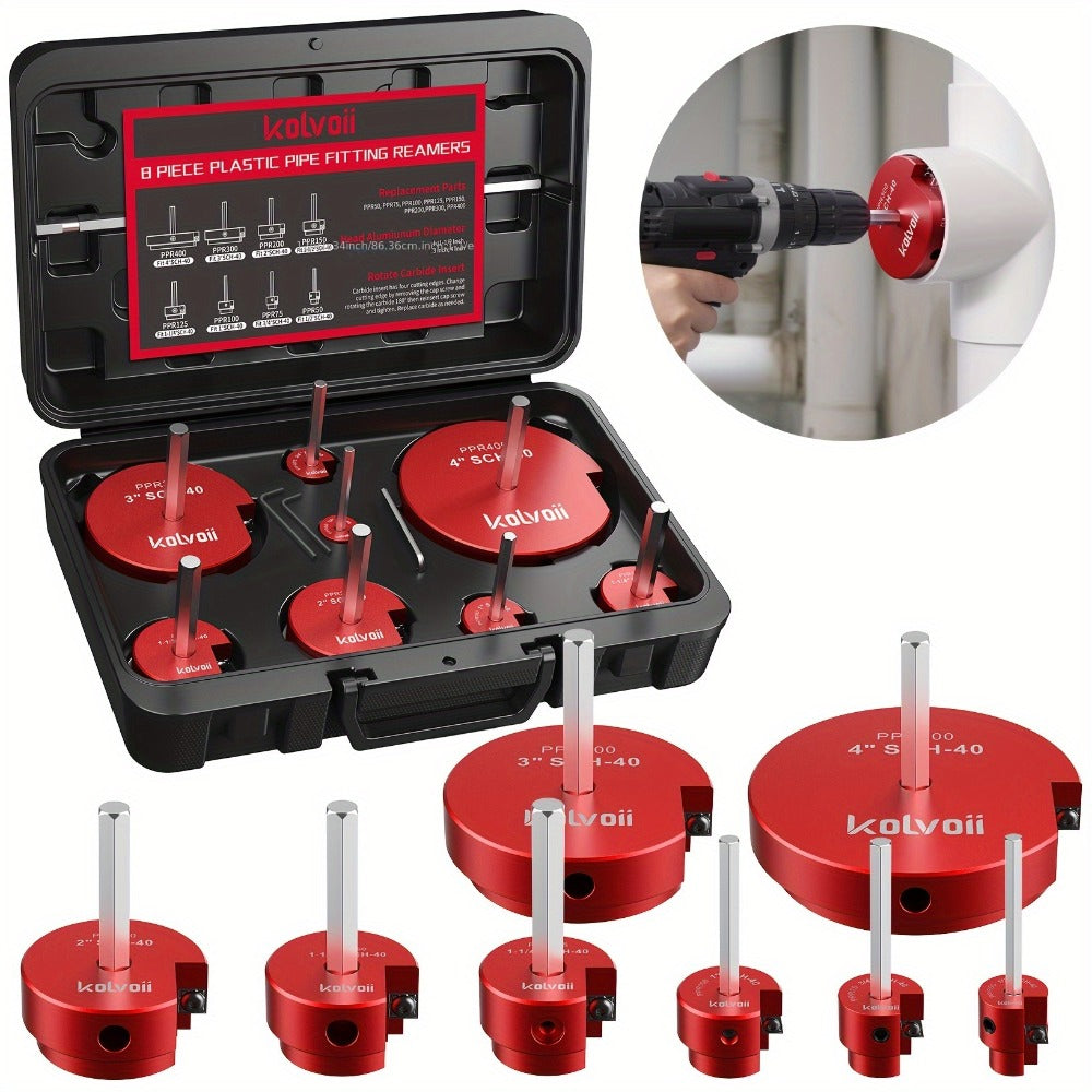 PVC Pipe Reamer Kit 8pcs - Fitting Saver for SCH 40 Plastic Pipe, Aluminum Alloy Body with 11.5¡± Hex Shaft, 8 Sizes 1/2¡± to 4¡±, for PVC PP PE ABS Pipes, Drill Compatible, Red