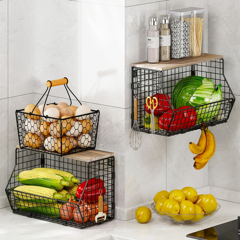 Stackable Metal Wire Fruit Basket with Lid ¨C 1 or 2-Tier Hanging Kitchen Pantry Storage Bin, Wall-Mounted or Countertop Vegetable Organizer for Potato, Onion & Produce, Black