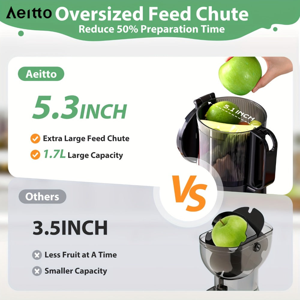 Cold Press Slow Juicer Machine with 5.3-Inch Large Feed Chute - High Juice Yield, Safety Lock, One-Click Cleaning, Masticating Juicer for Whole Fruits & Vegetables, Family Healthy Lifestyle, Black