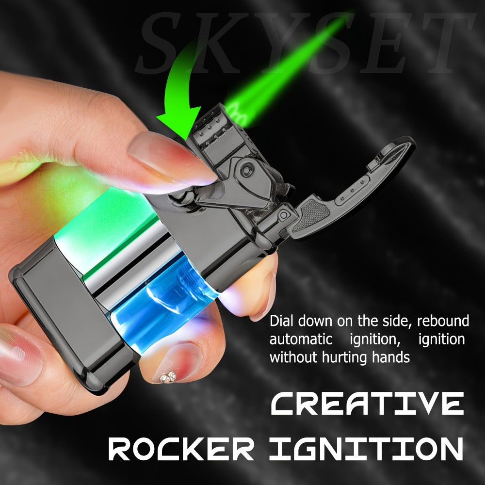 Green Flame Metal Lighter Windproof ¨C Refillable Butane Gas Lighter with Adjustable Flame, Fuel Window & Rocker Arm Ignition, Cool Multifunctional Lighter for Outdoor Camping BBQ Cigars (No Butane)