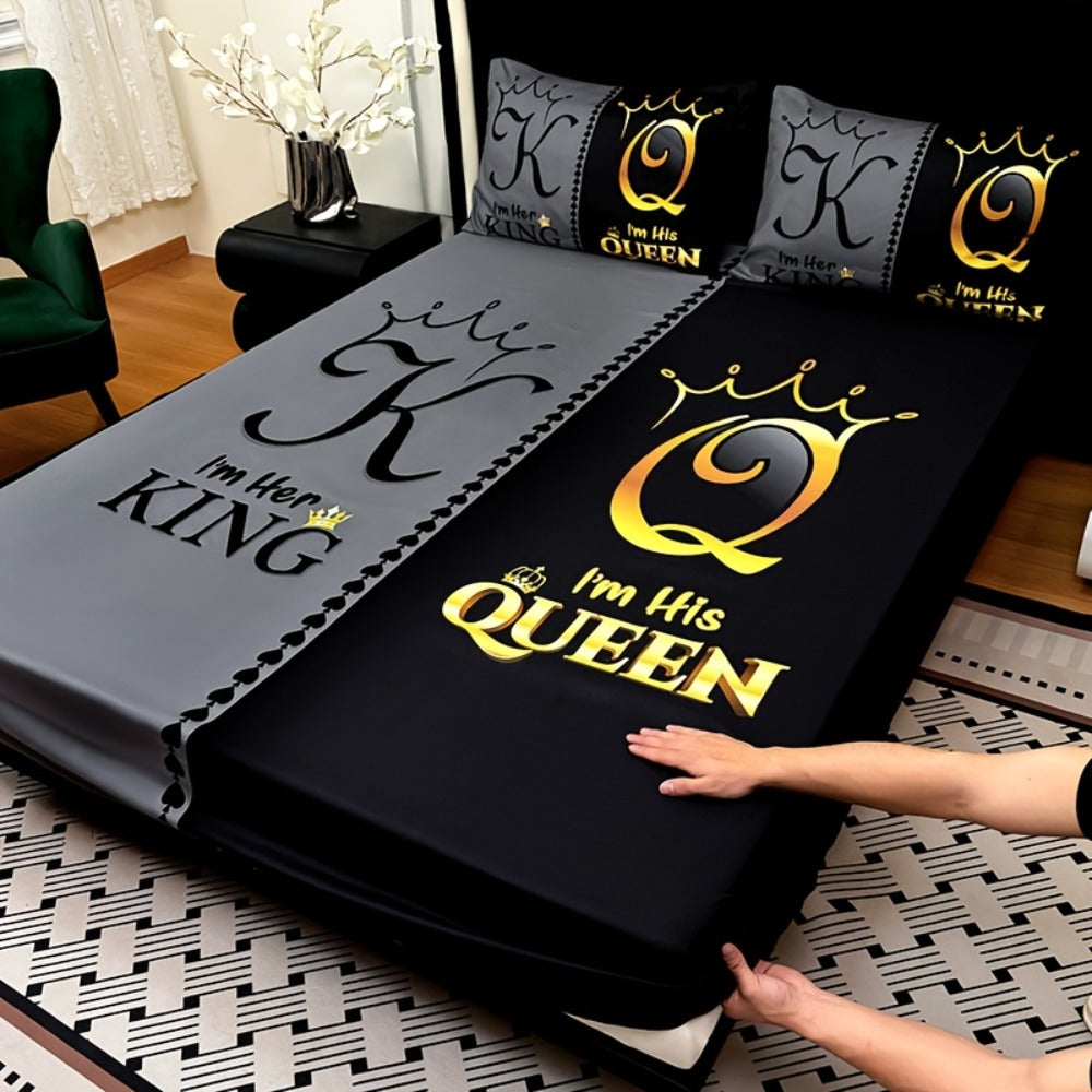 Bed Sheet Set 3 Piece Super Soft Microfiber Fitted Sheet with Pillowcases - Deep Pocket 15 Inch Crown Letter Print Color Block Bedding Twin Full Queen King All Season