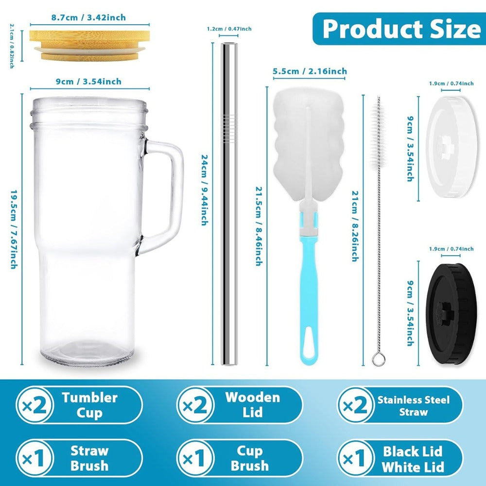 Glass Tumbler with Bamboo Lid and Straw 24oz - Leak-Proof Mason Cup with Silicone Seal, Reusable Straw & Cleaning Brush, Travel Drinkware Set for Outdoor & Daily Use