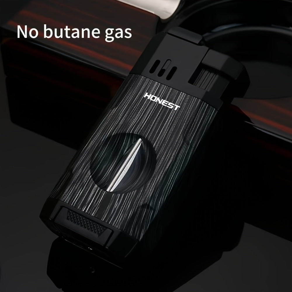Cigar Torch Lighter with V-Shaped Cigar Cutter Built-in Clip Dual Windproof Jet Flame Visible Gas Window Integrated Cigar Lighter for Men Butane Gas Not Included