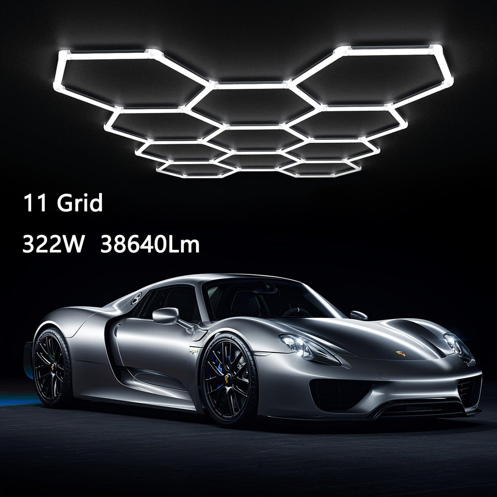 LED Hexagonal Garage Light 6500K ¨C Super Bright Daylight White Shop Light 42W¨C620W for Auto Detailing, Warehouse, Workshop, Basement & Gym (1 to 32 Grids, Hex Frame Available)