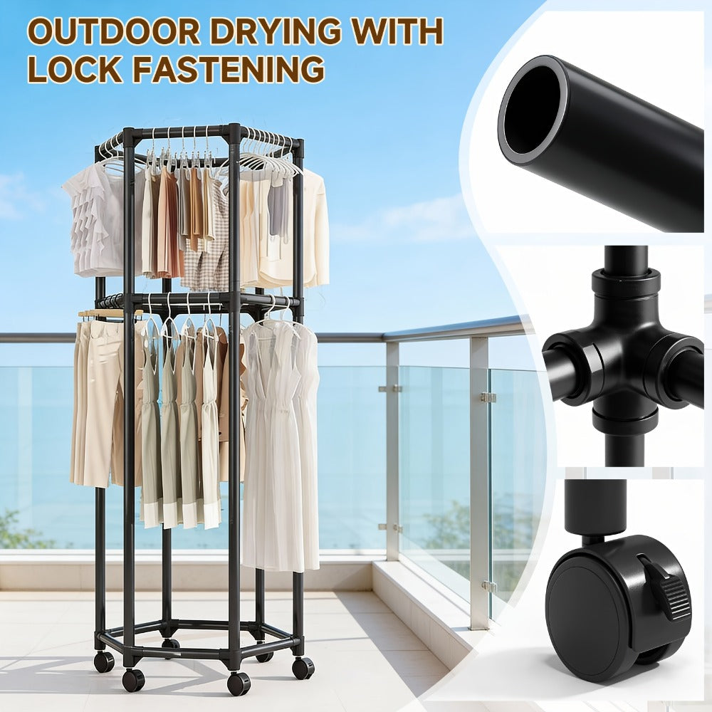Rolling Hexagon Clothes Drying Rack 1 or 2 Layer ¨C Sturdy Metal Floor Stand with Wheels, Multi-Bar & 10 Clips, Portable Laundry Rack for Bedroom, Balcony & Dorm