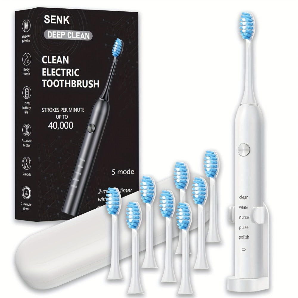 Sonic Electric Toothbrush ¨C 5 Vibration Modes, Soft Bristle, Type-C Fast Charging, Waterproof, Deep Clean & Teeth Whitening Rechargeable Power Toothbrush for Men & Women, 4 or 8 Brush Heads