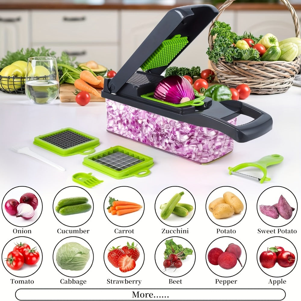Vegetable Chopper 16-in-1 Multifunctional Food Chopper Slicer & Dicer ¨C Manual Kitchen Chopper with 8 Interchangeable Blades & Container for Fruits, Vegetables & Onions ¨C 1-10L Capacity
