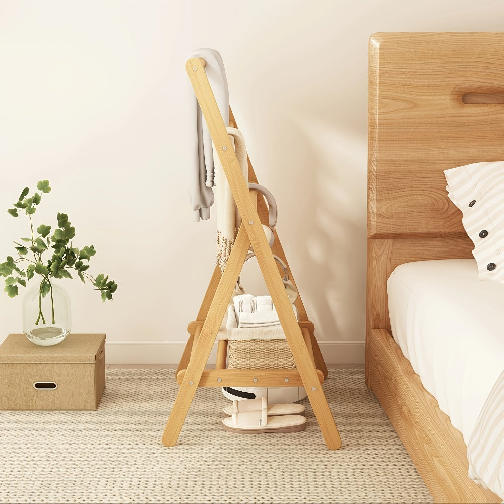 Bamboo Drying Rack 3 Tier Foldable with Storage Box - Space Saving Freestanding Clothes Hanger for Apartment, Bedroom, Bathroom & Balcony, Compact Laundry Rack for Small Spaces | Natural Burlywood
