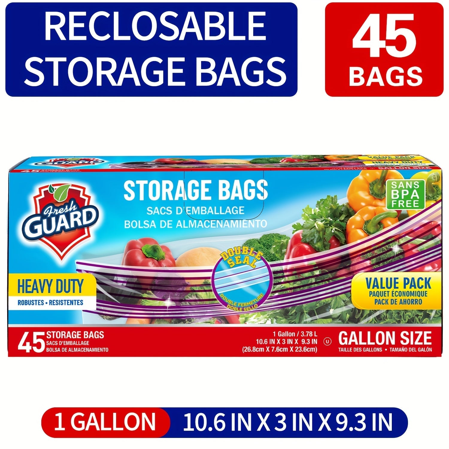 Reclosable Food Storage Bags Heavy Duty Ziplock Seal Fresh-Keeping Bags for Fruits Vegetables Grains Meat Kitchen Organizer Multiple Sizes 0.25 Gal 1 Gal 2 Gal