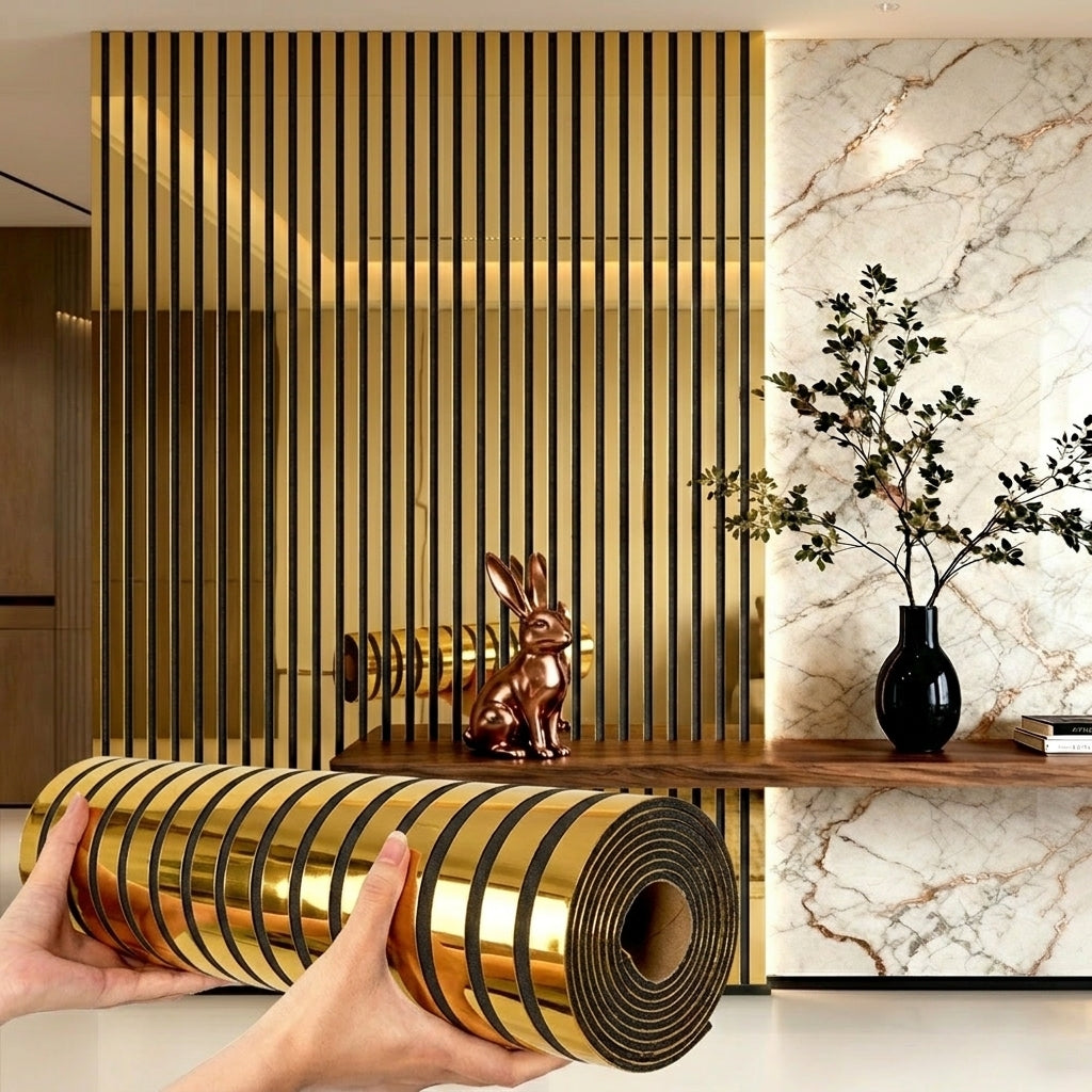 3D Mirror Slat Wall Panel Self-Adhesive Peel and Stick Gold Silver Metallic Grid Wall Sticker for TV Background Wall Ceiling Curved Edges Home Decor Art Easy Install