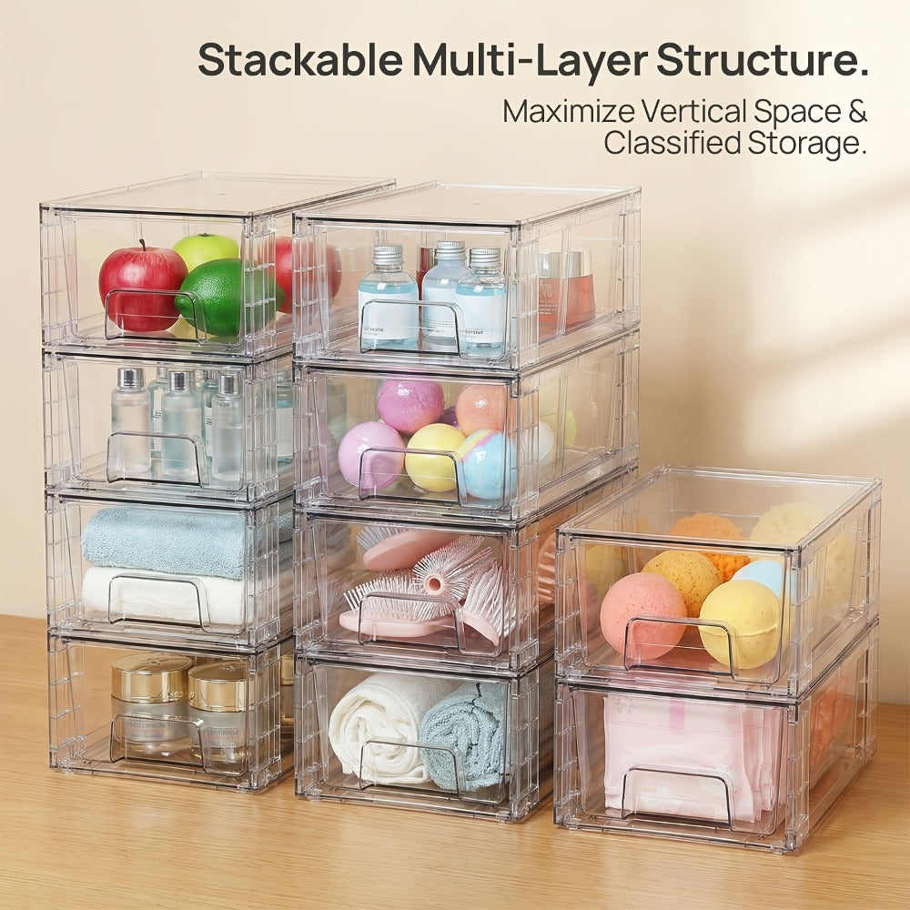 Clear Acrylic Storage Drawers with Handles - Stackable Refrigerator and Pantry Organizer Bins for Snacks Fruits and Vegetables, Food Safe Pull-Out Drawer Bins for Fridge Kitchen Cabinet Under Sink and Bathroom, Available in 4, 6, 8 or 10 Pack