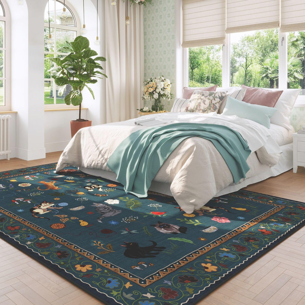 Boho Cat Floral Area Rug ¨C Vintage Blue Animal Print Low Pile Carpet, Non-Slip Soft Rug for Living Room, Bedroom & Dining Room, Round & Runner Sizes, Easy Clean