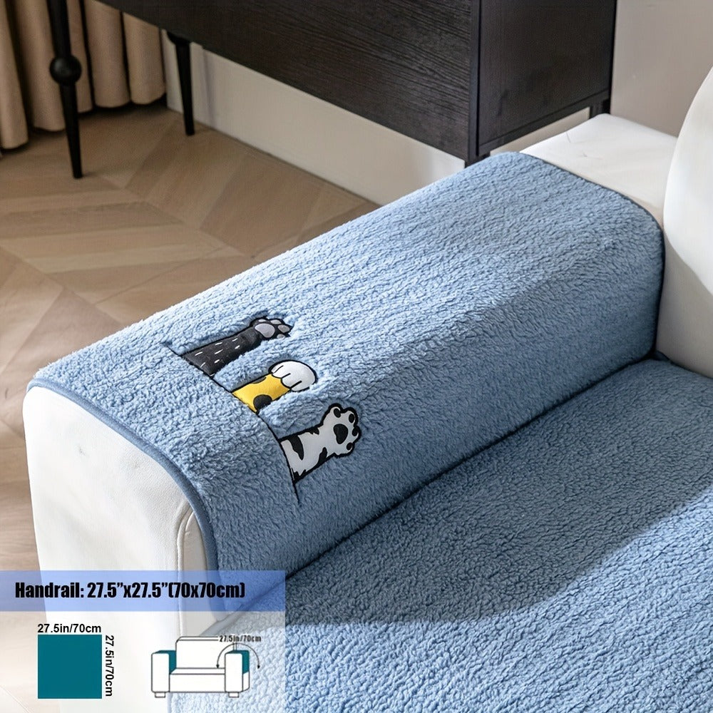 Sherpa Sofa Cover Cat Paw Embroidered Thick Plush Couch Slipcover Non-Slip Seat Cushion Protector Pet-Friendly Machine Washable Furniture Cover for Living Room Home Decor