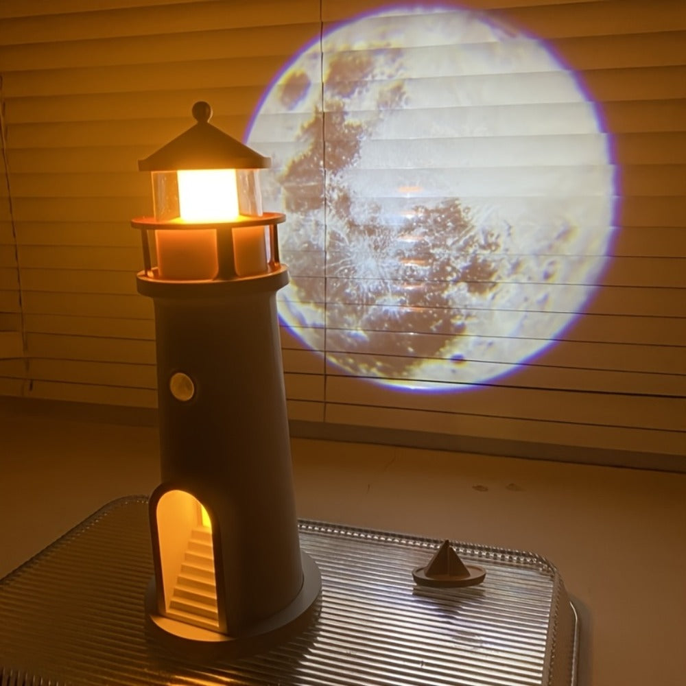 Moon Lighthouse Projector Night Light ¨C Motion Sensor LED Lamp with USB Charging, Always-On Mode, Moonlight Ocean Projection, Decorative Ambient Light & Unique Gift for Home Bedroom Decor