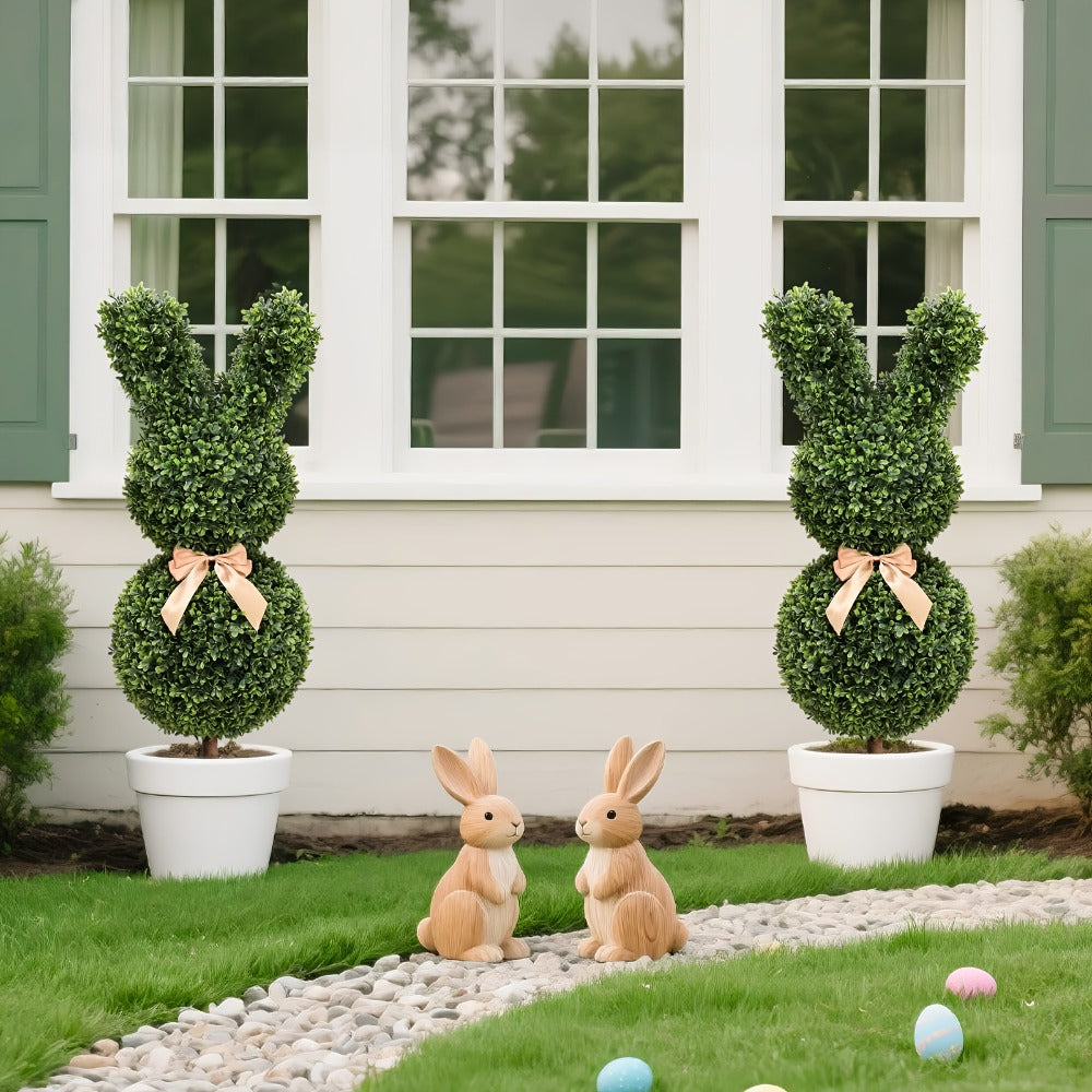 Artificial Boxwood Bunny Topiary 2-Pack | 3Ft Faux Rabbit Garden Statue with Bow, Indoor Outdoor Easter Spring Porch Decor, Lifelike Greenery Sculpture with Planter
