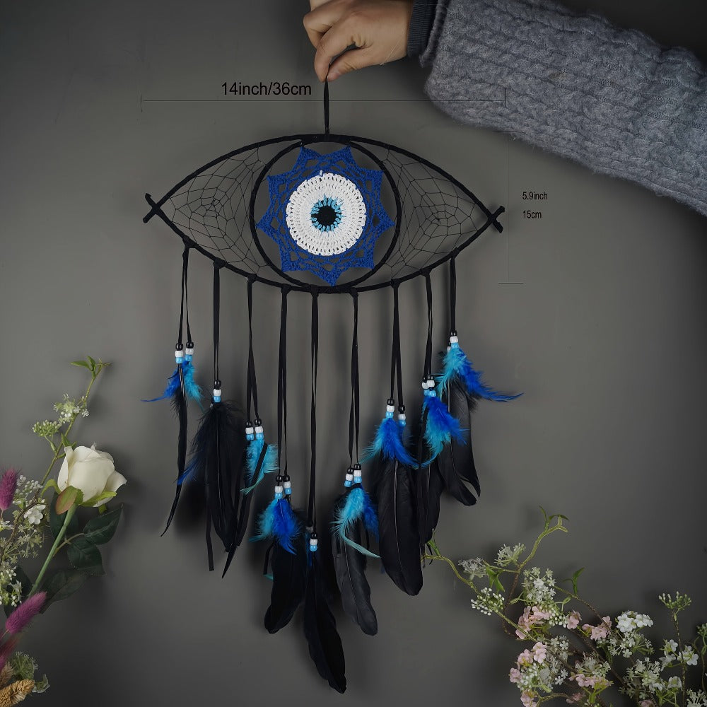 Dream Catcher Wall Decor Evil Eye - Boho Hanging Pendant for Home Protection, Blessing & Good Luck, Handmade Dreamcatcher with Evil Eye Charm