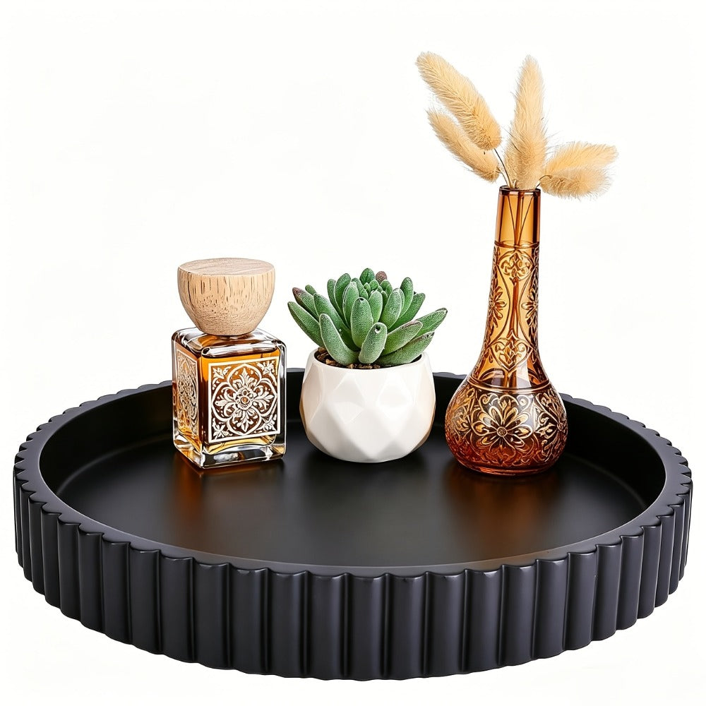 Wood Decorative Tray for Coffee Table 11 Inch Round Boho Serving Tray Wooden Centerpiece for Living Room Ottoman Console Table Jewelry Organizer Accent Decor Tabletop Storage Tray White Black