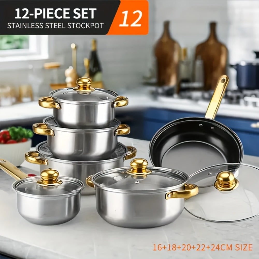 Stainless Steel Cookware Set 10 12 15 Piece Pots with Lids Double Handles Cooking Pot Set for Soup Hot Pot Noodles Pasta Home and Restaurant Kitchen Multiple Colors and Sizes Available