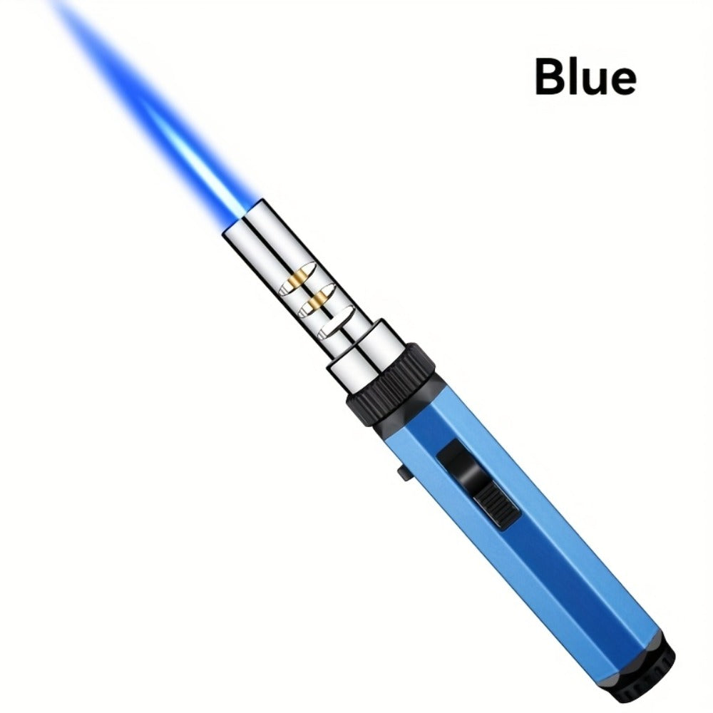 Windproof Jet Flame Torch Lighter with Safety Lock & Switch Lock, Large Adjustable Flame, Outdoor Torch for Campfire BBQ Baking Camping, Gas Not Included, Black Silver Blue