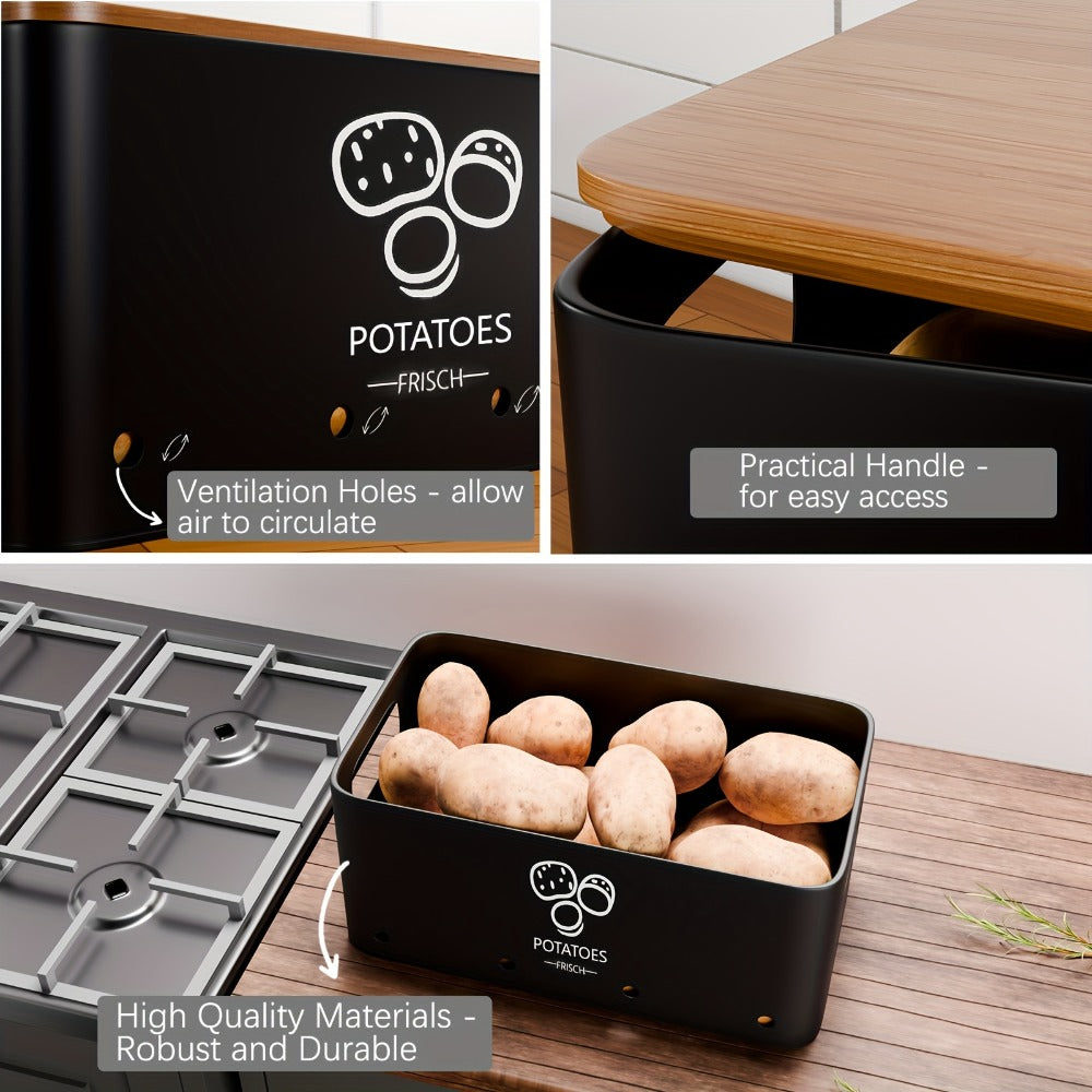 Vegetable Storage Box Set 3 Piece ¨C Potato Onion Garlic Organizer Canisters with Flip-Top Lid, Metal Pantry Kitchen Food Storage Containers