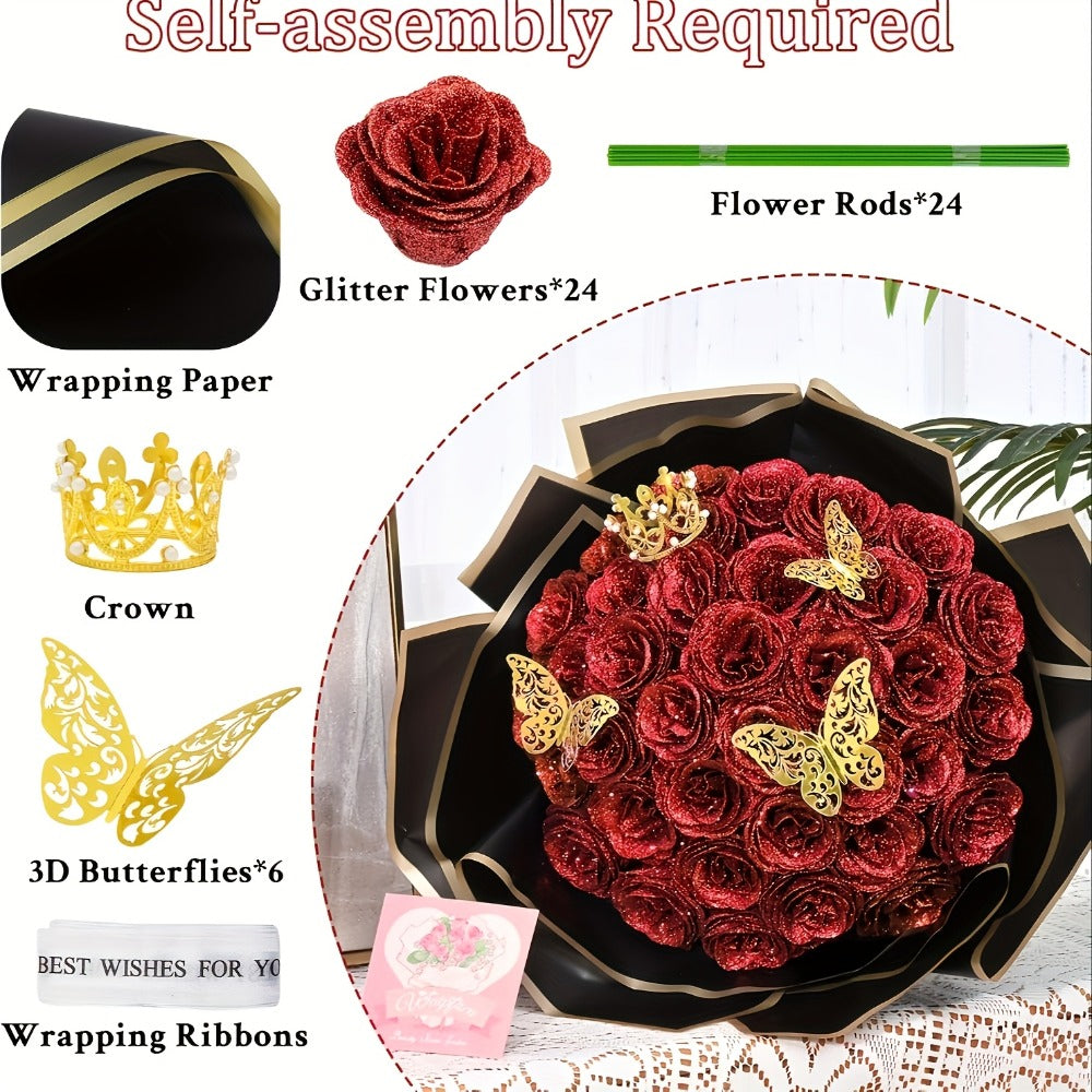 Artificial Rose Bouquet 24 Glitter Roses with 6 Golden Butterflies, Everlasting Shiny Fake Flower Bouquet for Wedding, Anniversary, Engagement & Home Decor | Purple, Red, Pink, Blue