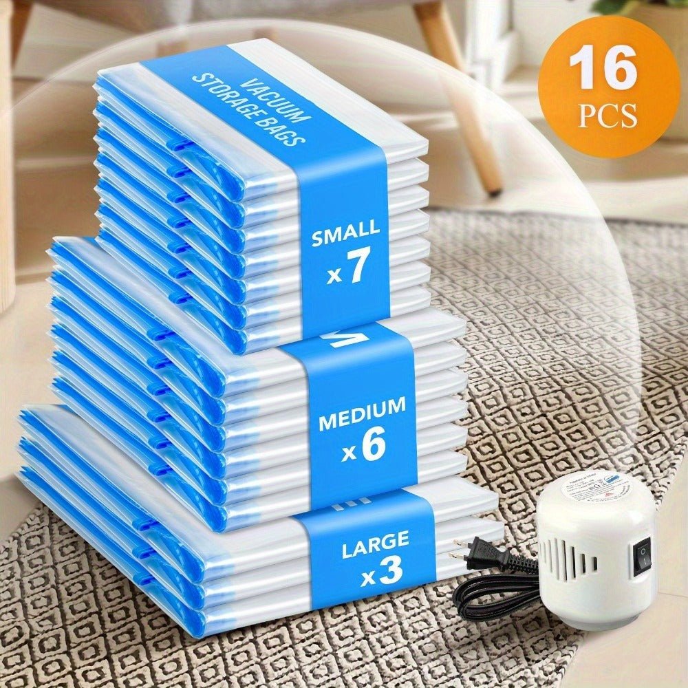 Vacuum Storage Bags 16pcs with Electric Pump ¨C Space Saver Compression Bags for Clothes, Bedding, Pillows, Quilts, Blankets, Travel & Luggage (7 Small, 6 Medium, 3 Large)