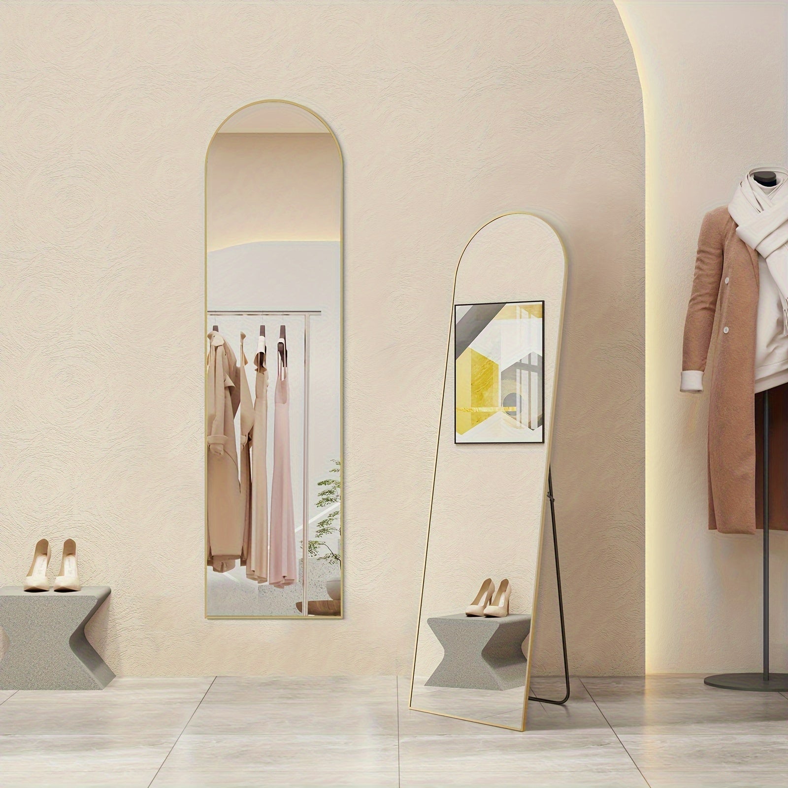Full Length Mirror Floor Standing, Arched & Rect Body Mirror with Stand, Hanging or Leaning Wall Mirror, Aluminum Alloy Thin Frame for Bedroom Hotel Bathroom