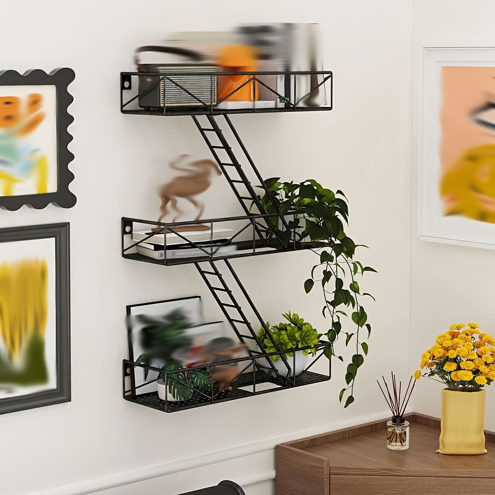 Wall Mounted Staircase Shelf with Hooks, Multi-Level Iron Storage Rack Floating Shelves for Bedroom Living Room Kitchen, Contemporary Metal Wall Organizer Home Decor Display