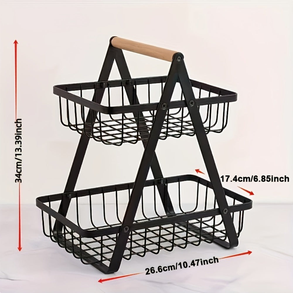 Metal Wire Bathroom Storage Basket with Wooden Handle Multi-Tier Countertop Organizer Detachable Fruit Basket Kitchen Pantry Bedroom Desk Organization