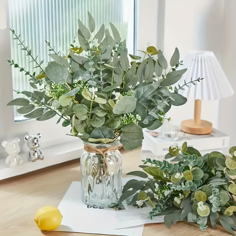 Artificial Eucalyptus Stems Bulk 50 56pcs Fake Flowers with 4 Leaf Varieties Lifelike Green Foliage Bouquet White Flowers for Wedding DIY Home Office Spring Valentine's Day St Patrick's Day Decor