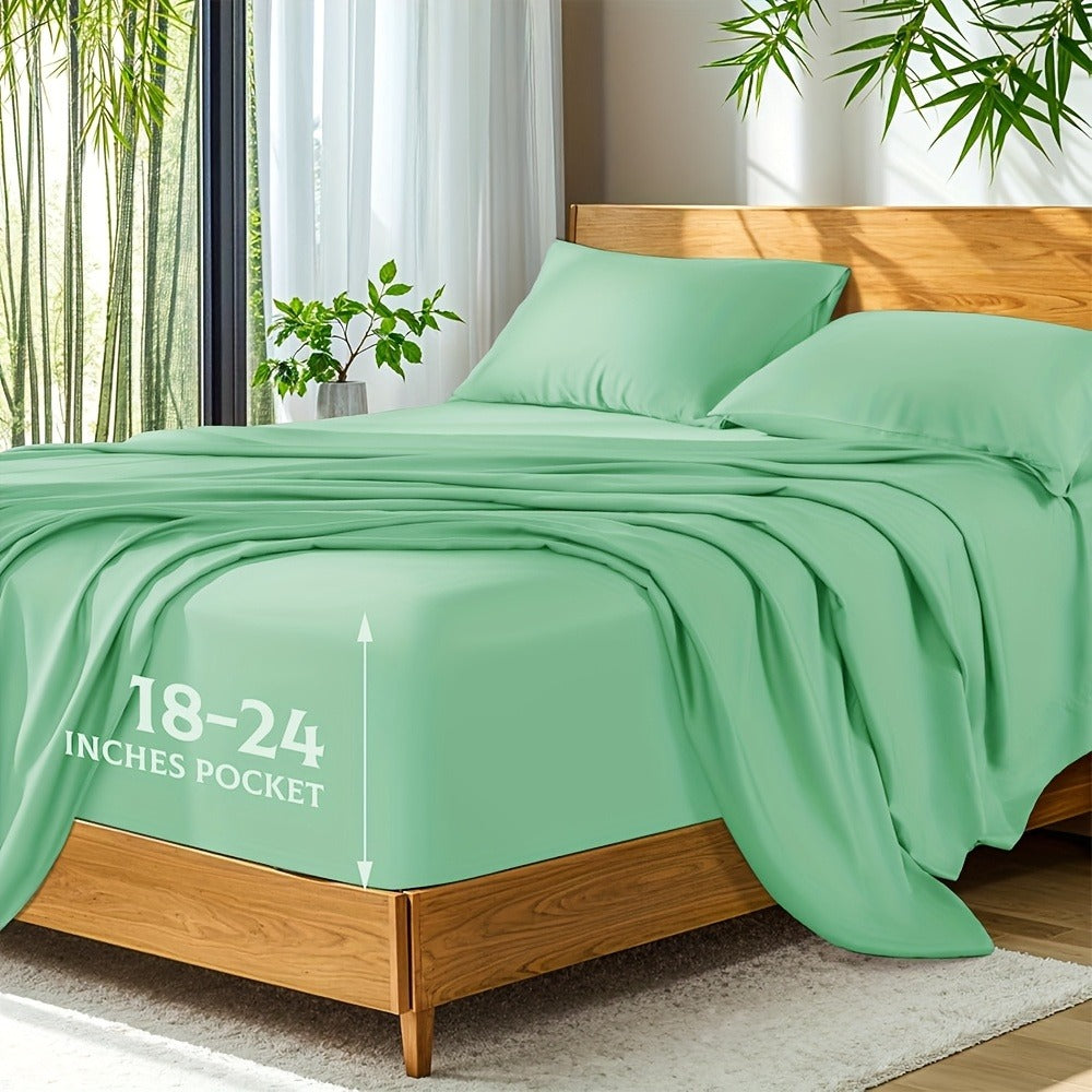 Bamboo Bed Sheet Set 4pcs 2200TC Deep Pocket Cooling Fitted Sheets ¨C Ultra Soft, Breathable, Shrink & Wrinkle Resistant