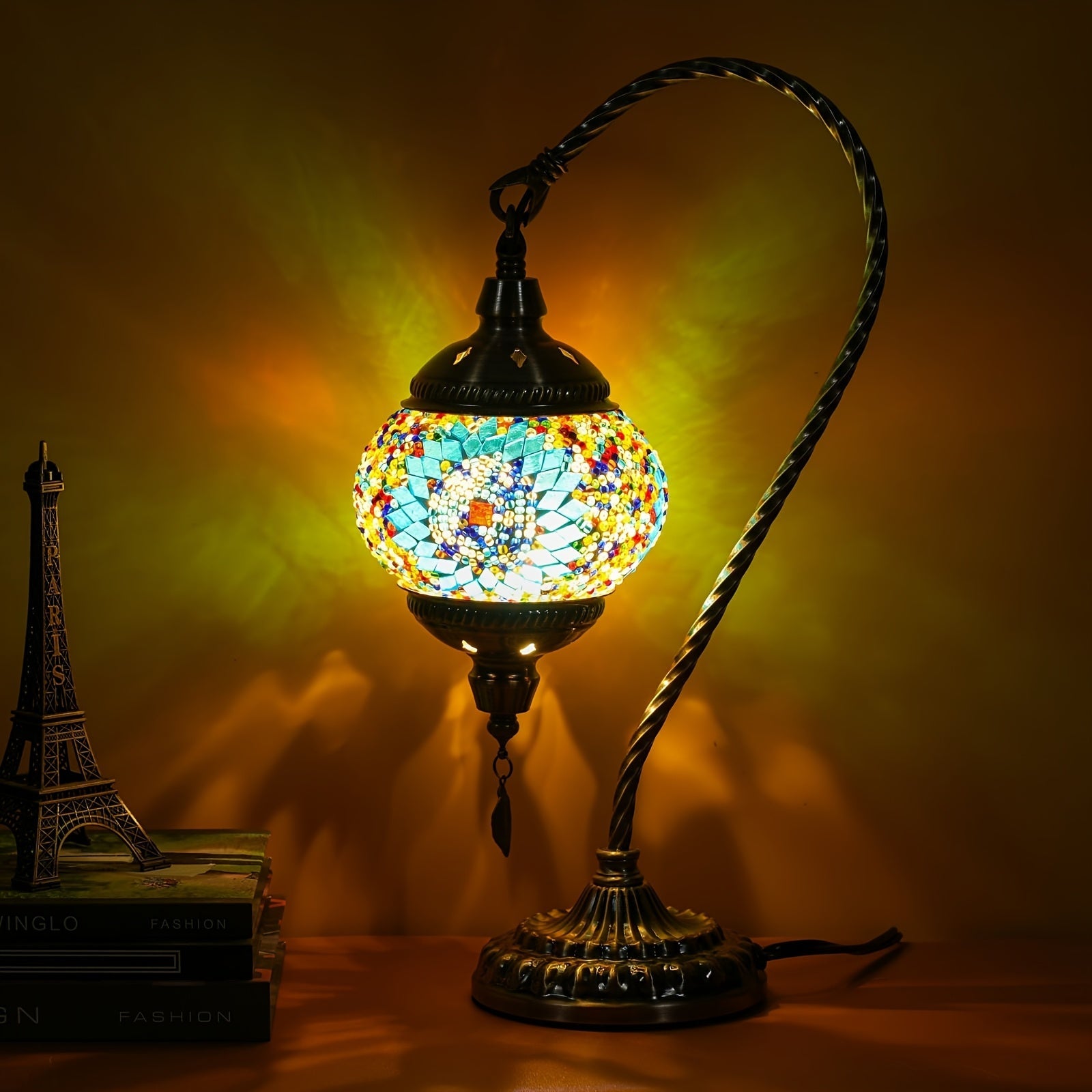 Mosaic Table Lamp Turkish Moroccan Style Handmade Swan Neck Glass Bedside Lamp 3 Color Modes LED Bulb Included Metal Base for Bedroom Living Room