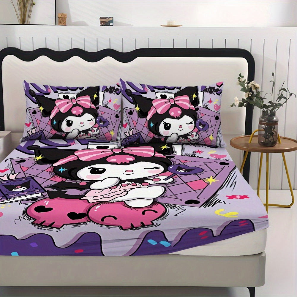 Sanrio Hello Kitty & Kuromi Bedding Set 3pcs ¨C Fitted Sheet & Pillowcases, Soft Polyester, Machine Washable, Twin Full Queen King, All-Season Bedroom Decor for Kids Girls Home Guest Room