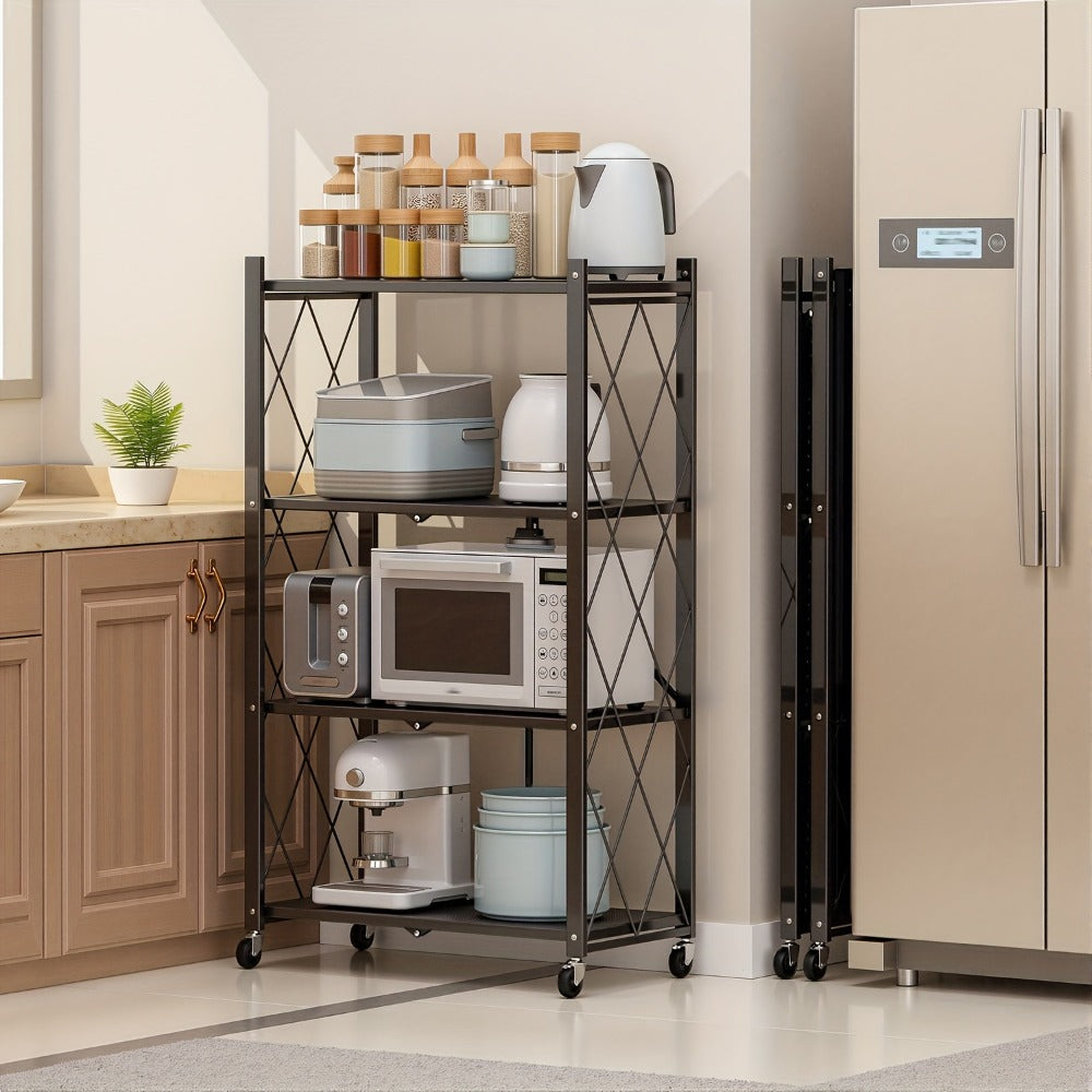 Foldable Storage Rack with Lockable Wheels 3 4 5 Tier Carbon Steel No Assembly Space Saving Floor Standing Shelf for Bedroom Balcony Garden