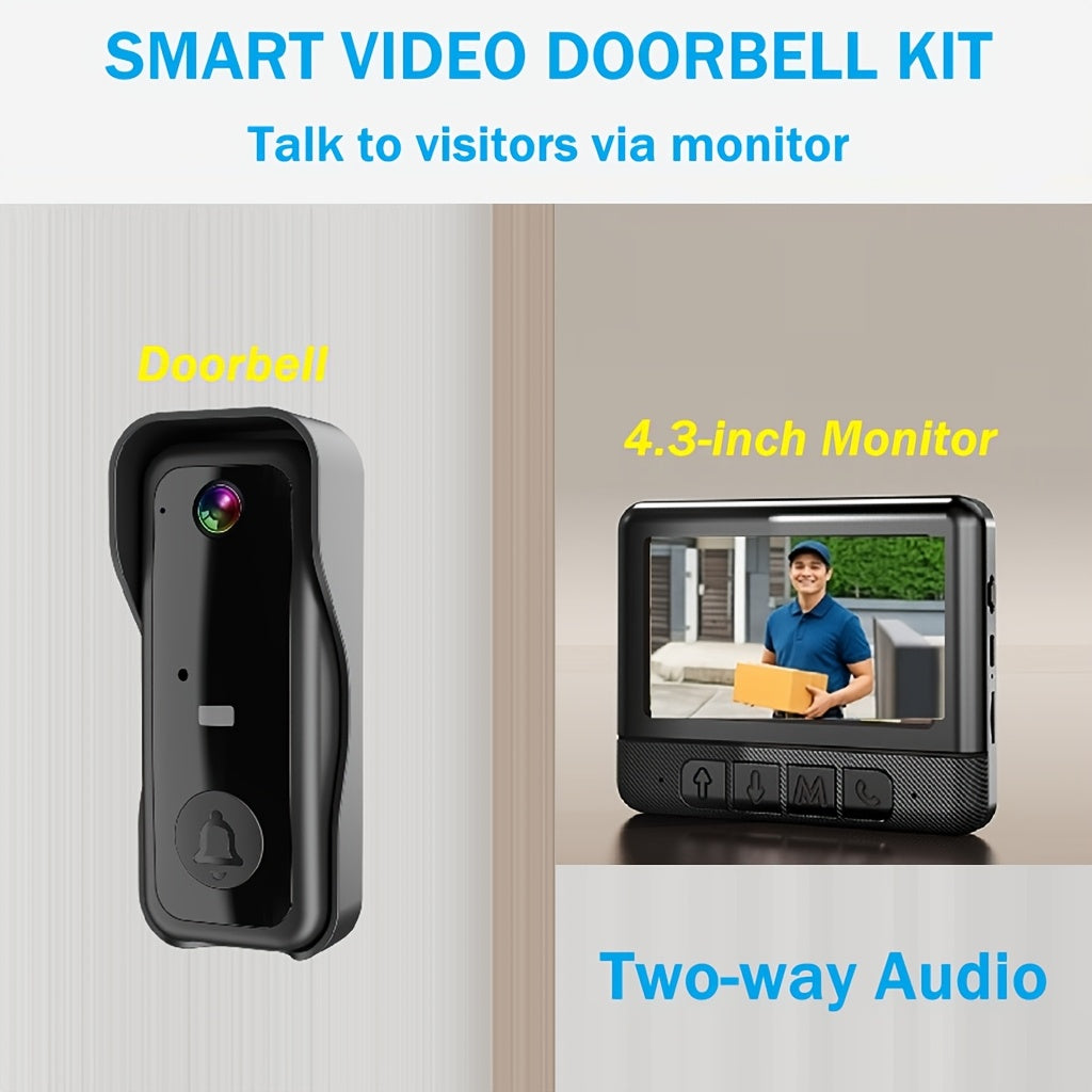 WiFi Video Doorbell with 4.3 Inch Indoor Monitor | Waterproof Night Vision Two-Way Audio Rechargeable Battery | Auto Photo Video Recording Senior Friendly Real-Time Monitoring